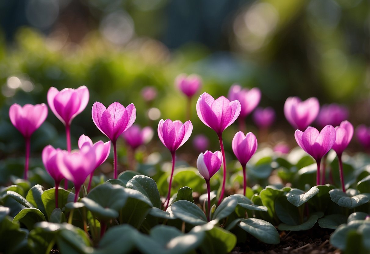 Vibrant cyclamen flowers line the edges of a garden, creating a colorful border with their delicate petals and heart-shaped leaves