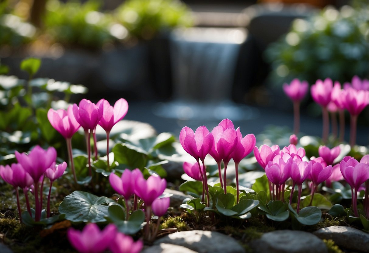 A serene garden with vibrant cyclamen flowers surrounding a tranquil water feature