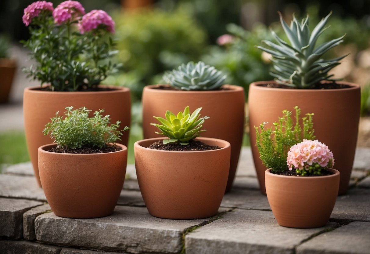 A collection of vintage terracotta cylinder planters arranged in a garden setting, with various plants and flowers spilling over the edges