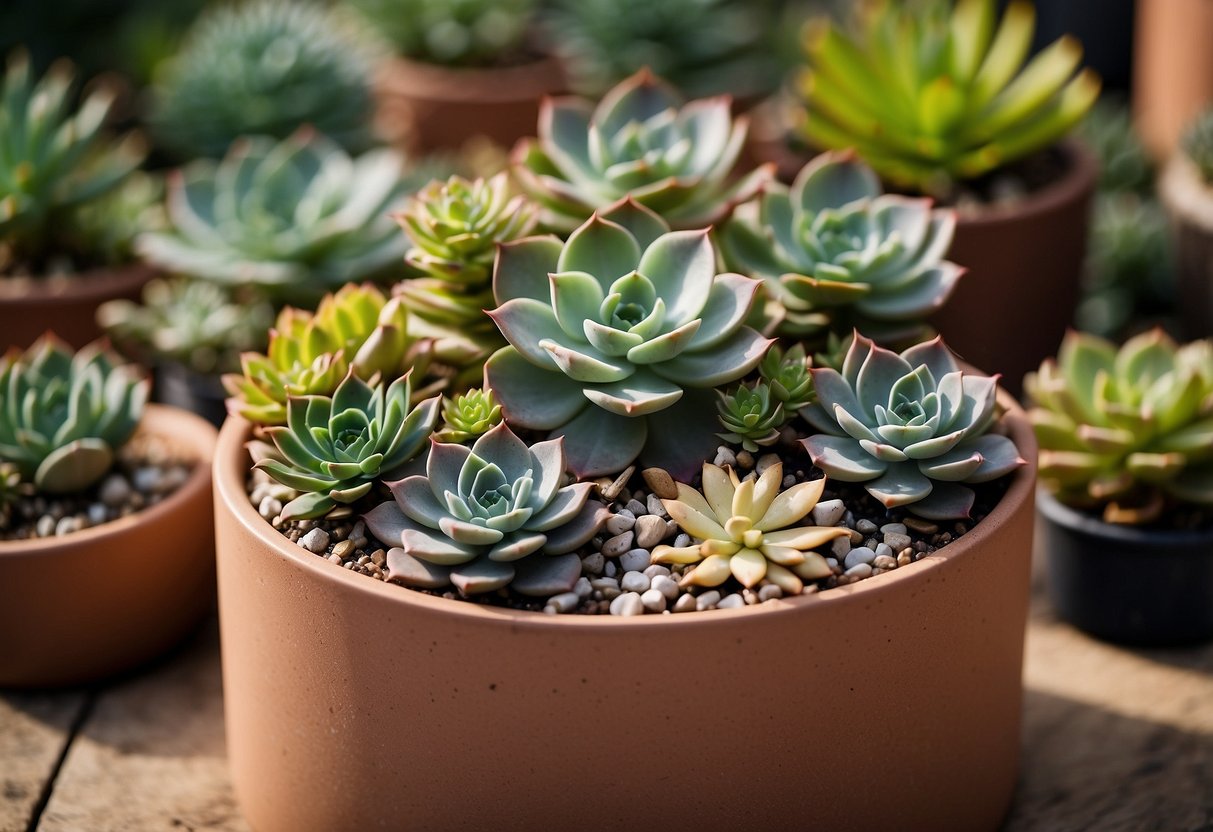 Succulent-stuffed clay cylinders arranged in a garden, varying in size and height, with a mix of colorful and textured succulents spilling over the edges