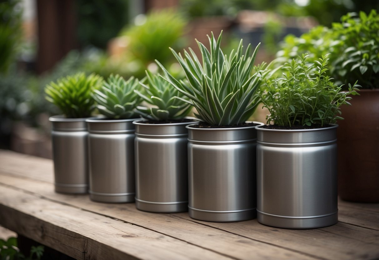 Rustic metallic cylinder pots arranged in a garden, varying in size and height, with green plants spilling over the edges