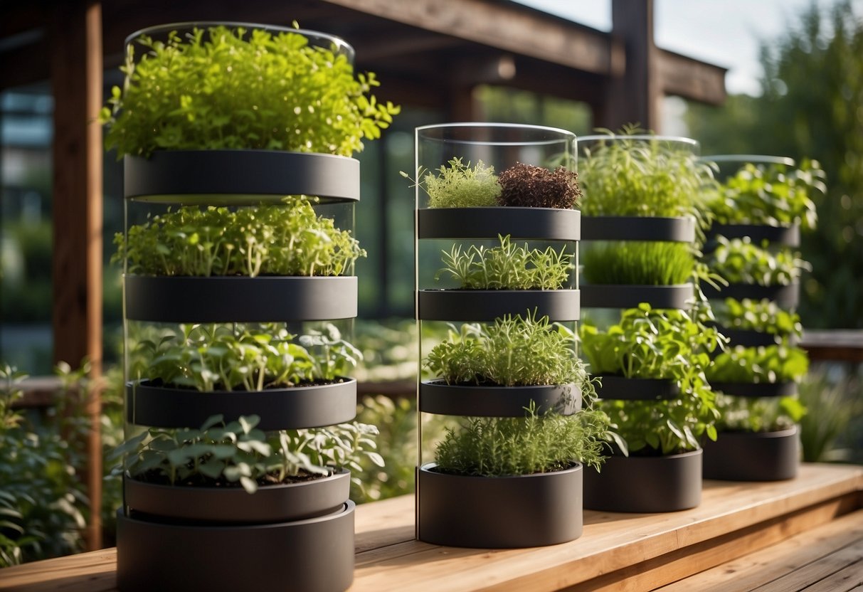 A vertical cylinder herb garden with multiple levels, each filled with various herbs and plants, placed in a sunny outdoor setting