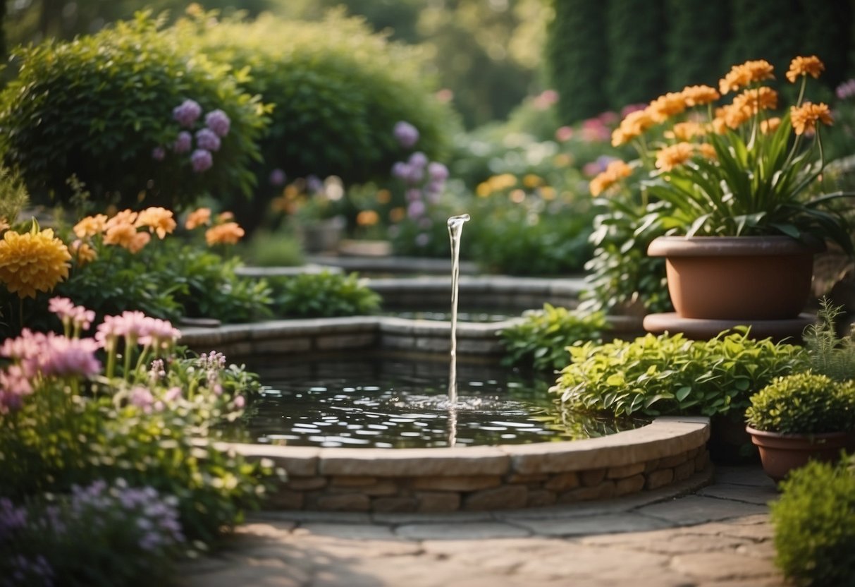 A serene garden with ceramic cylinder water features, surrounded by lush greenery and colorful flowers