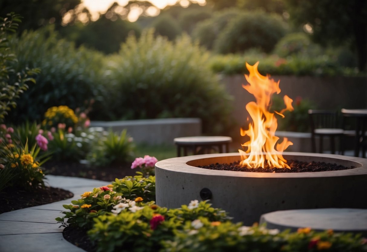 A concrete cylinder fire pit sits in a garden, surrounded by lush greenery and colorful flowers. The flames dance within the pit, casting a warm and inviting glow over the peaceful outdoor space