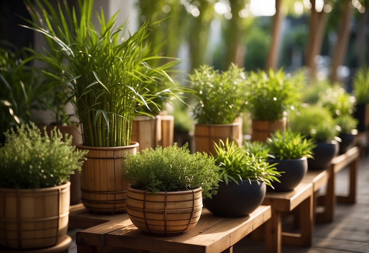 Several bamboo cylinder plant stands arranged in a garden, showcasing a variety of potted plants and creating a visually appealing and organized display