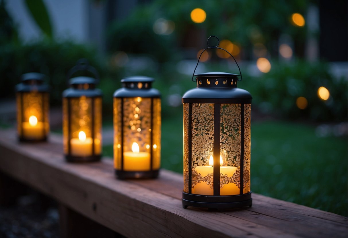 Vibrant cylinder candle holders arranged in a garden, casting colorful light