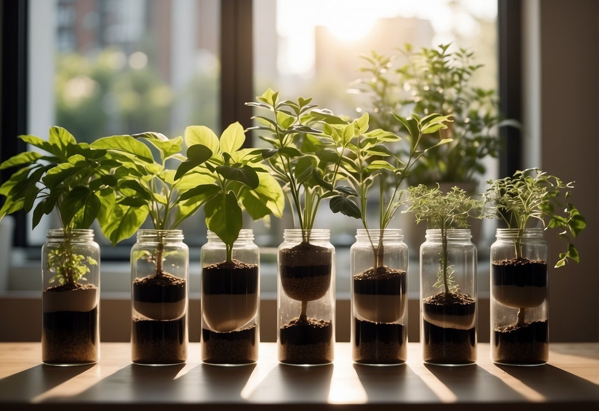 A table with various sized cylinders filled with soil and plants, arranged in a visually appealing manner. Light from a nearby window illuminates the scene