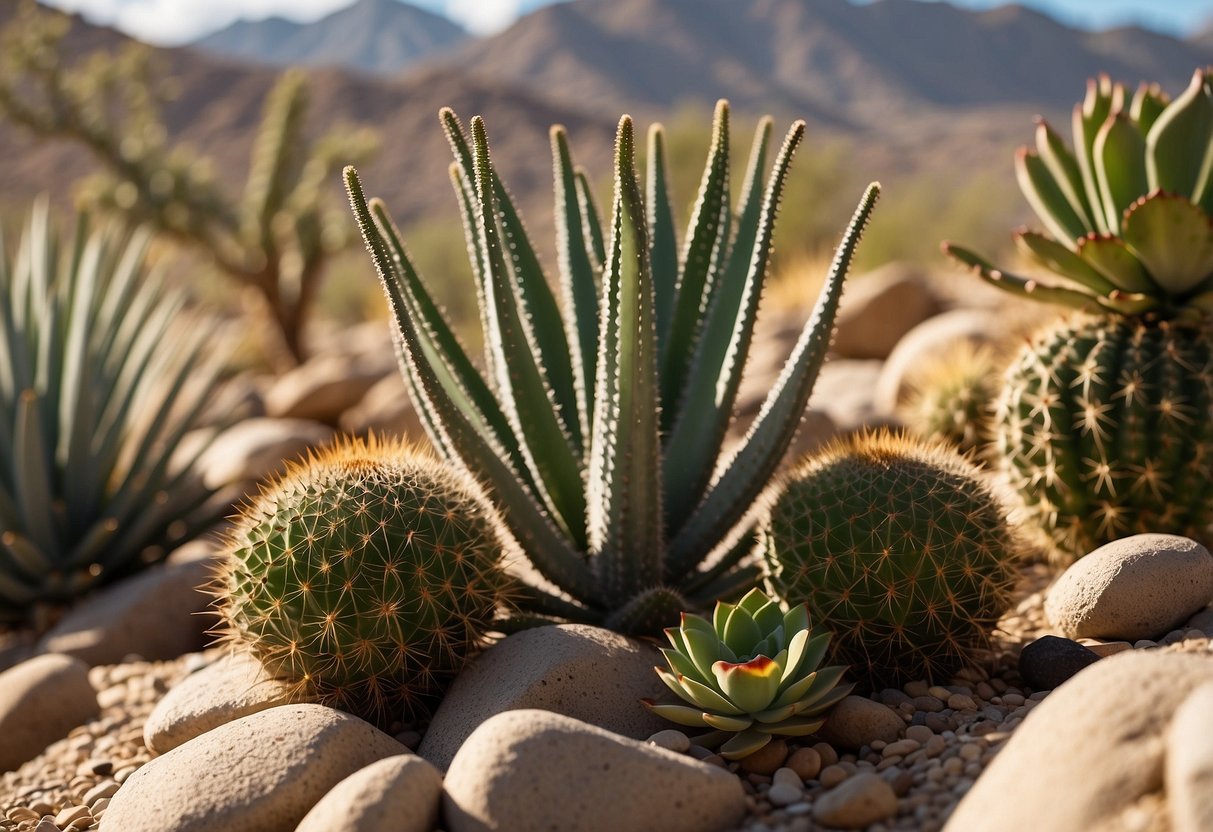 Aloes thrive in dappled sunlight among rocky terrain, with succulents and cacti clustered together. Sand and small pebbles cover the ground, with a backdrop of desert mountains