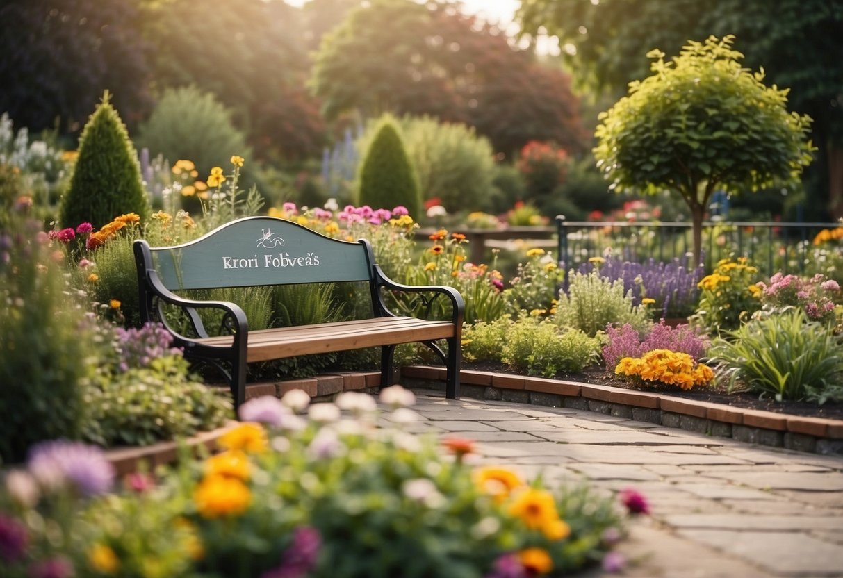 A garden with raised beds, wide pathways, and colorful flowers. A bench for resting and signs with large, clear labels