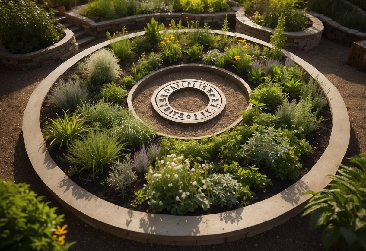 A circular garden bed with herbs spiraling upwards, surrounded by a pathway. A sign with large, clear lettering indicates the names of the herbs