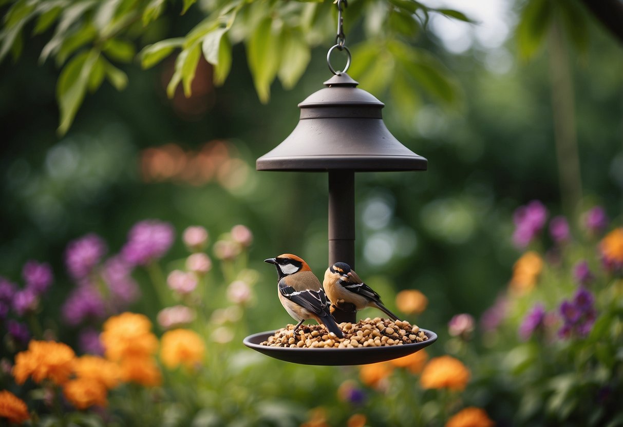 A bird feeder station stands in a tranquil garden, surrounded by colorful flowers and lush greenery. Various types of bird feeders hang from the station, attracting a variety of birds to the area