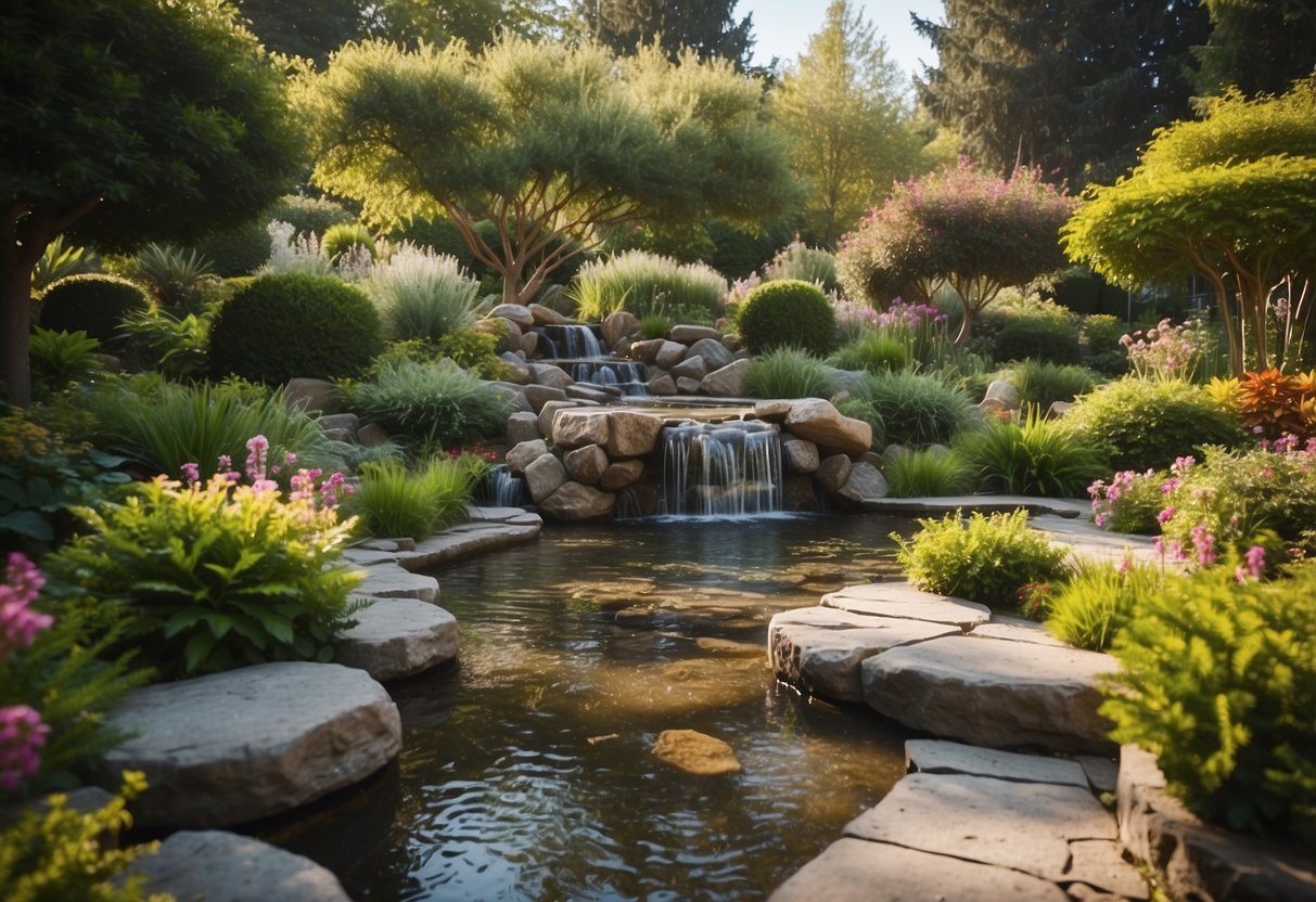 A serene garden with gentle flowing water features, surrounded by colorful and fragrant plants, designed to provide a calming and stimulating environment for individuals with dementia