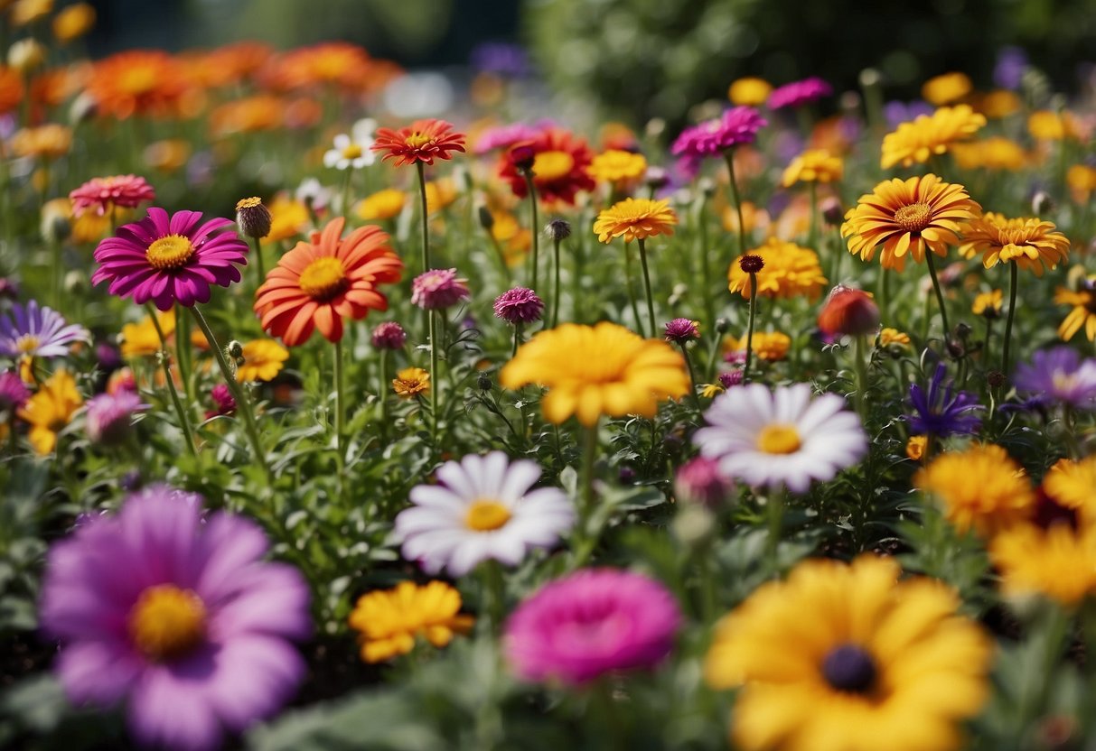 A vibrant garden of colorful annual flowers, arranged in a variety of patterns and shapes, creating a visually stimulating and engaging environment for individuals with dementia