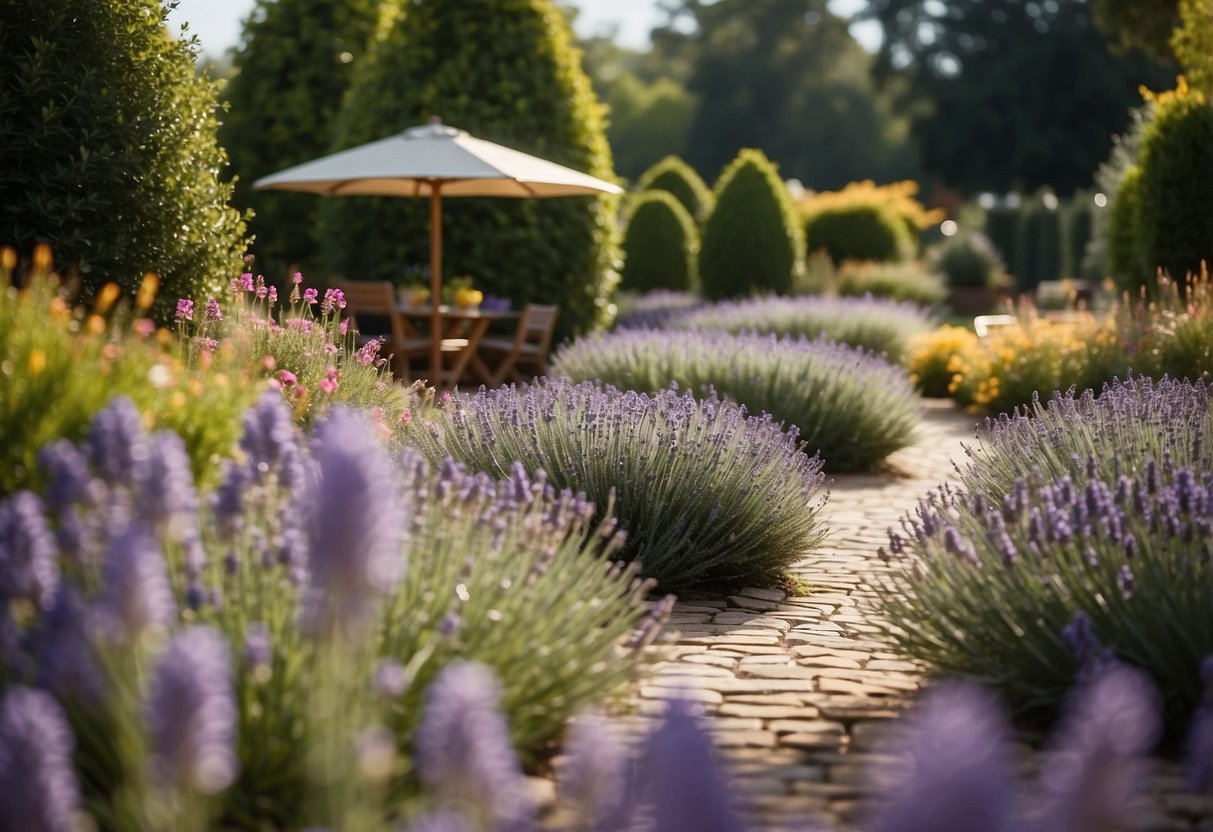 A peaceful garden with vibrant scented plants, like lavender and rosemary, arranged in raised beds. A winding path leads to a central seating area, surrounded by colorful flowers and bird feeders