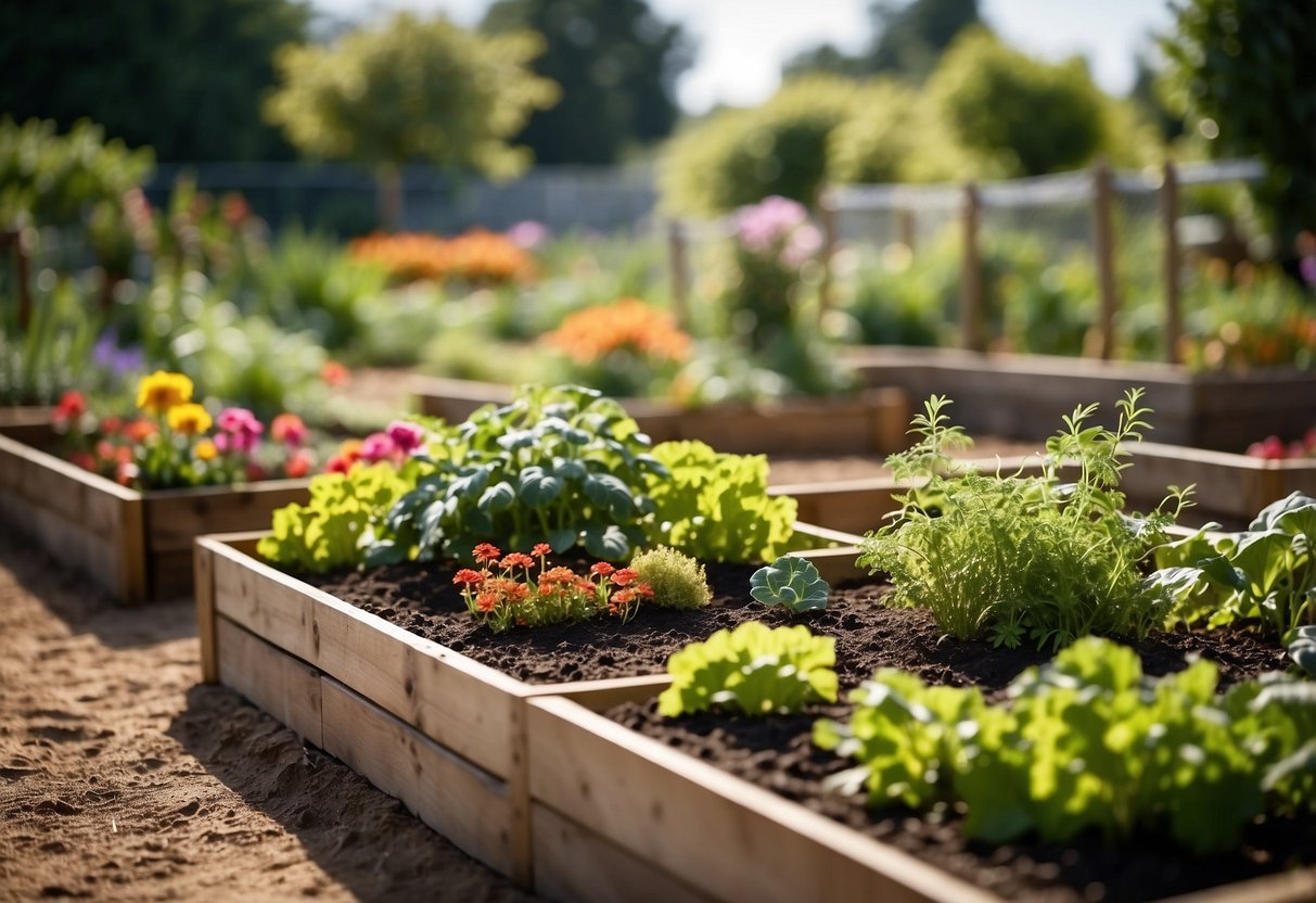 A colorful vegetable garden with raised beds and textured pathways, featuring easy-to-reach plants and sensory-rich elements for individuals with dementia