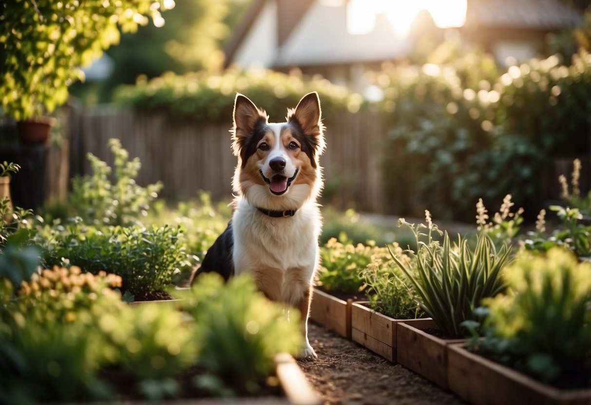 A lush garden with raised beds filled with pet-friendly plants. A happy dog frolics among the greenery, while a sturdy fence keeps them safe