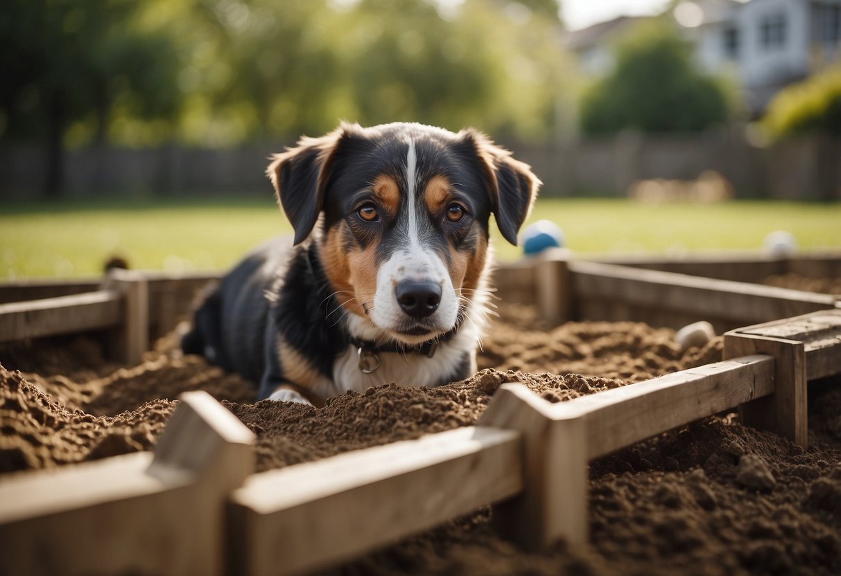 A dog digging pit with surrounding garden barriers and chew toys