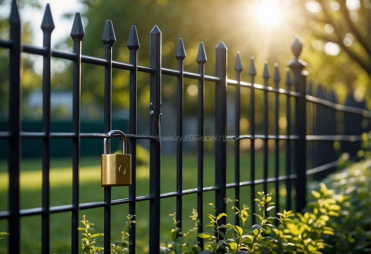 A sturdy metal fence encloses a lush garden, with a gate secured by a padlock. A vigilant dog patrols the perimeter, deterring any potential intruders