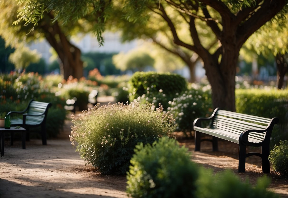 A garden with shaded rest areas, fenced to keep out dogs