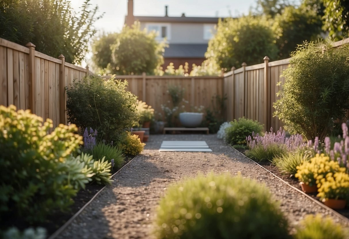 A fenced garden with a designated potty area for dogs, featuring durable landscaping and pet-friendly plants