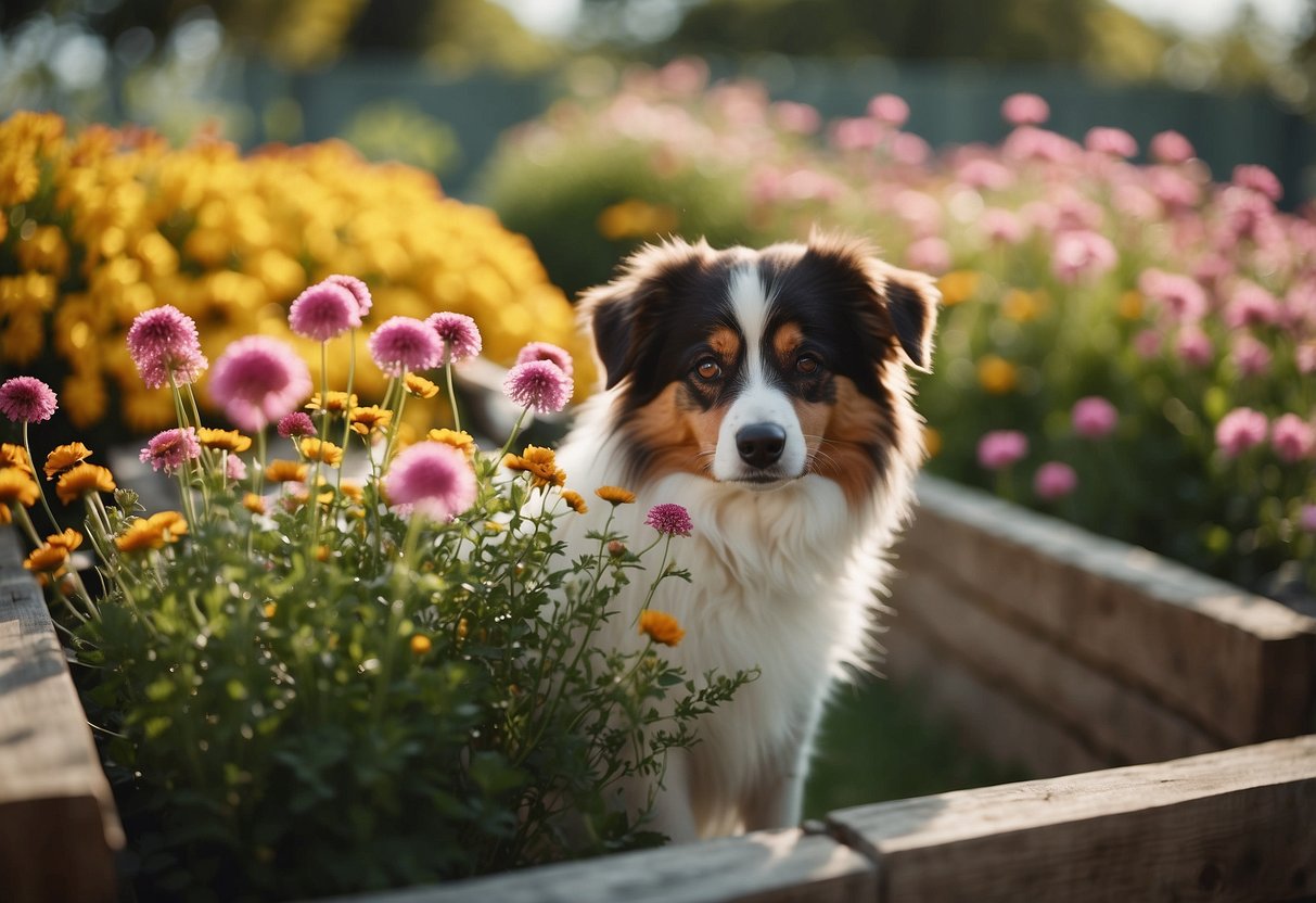 A garden filled with non-toxic flowers, surrounded by a sturdy fence to keep dogs out