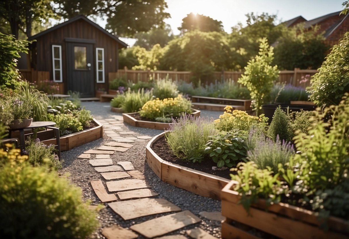 A dog-friendly herb garden with raised beds, labeled plants, and a small water feature. A paved path winds through the garden, with a shaded area for dogs to rest