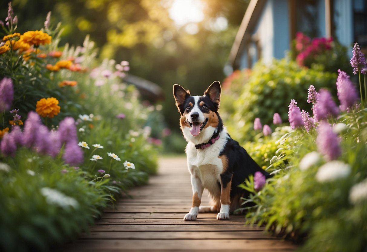 A lush garden with colorful flowers and greenery, a dog frolicking in the open space, surrounded by pet-safe pesticide containers and natural pest deterrents