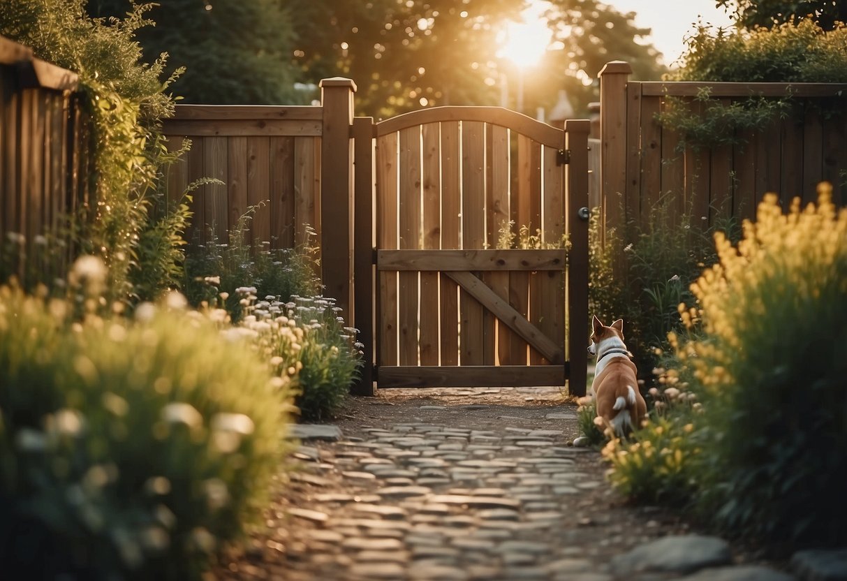 A fenced garden with sturdy wooden panels, a gate, and dog-friendly landscaping