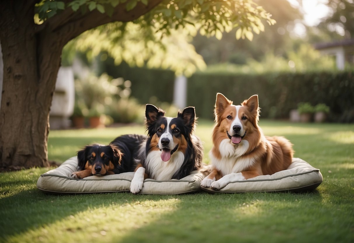 Dogs lounging under leafy trees in a serene garden with cozy dog beds and refreshing water bowls