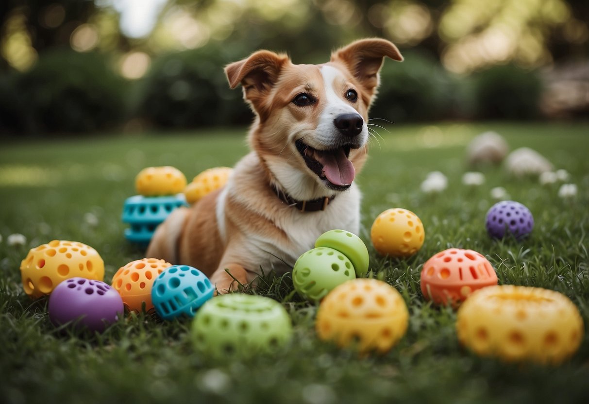 A variety of durable chew toys scattered in a lush garden setting, with a dog happily playing and exploring among them