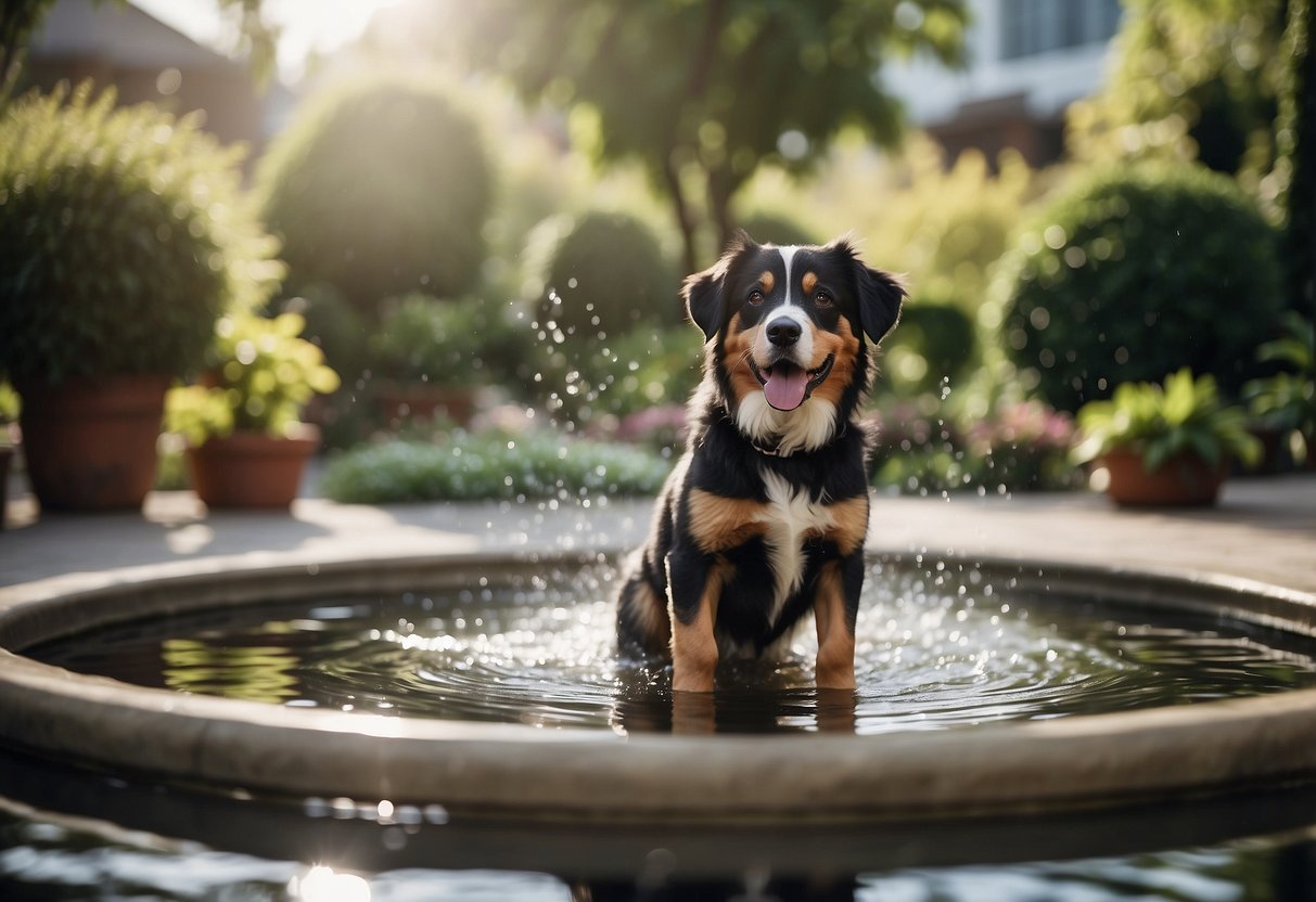 Dogs play in a garden with water features, such as a shallow pool or fountain, surrounded by lush greenery and safe, non-toxic plants