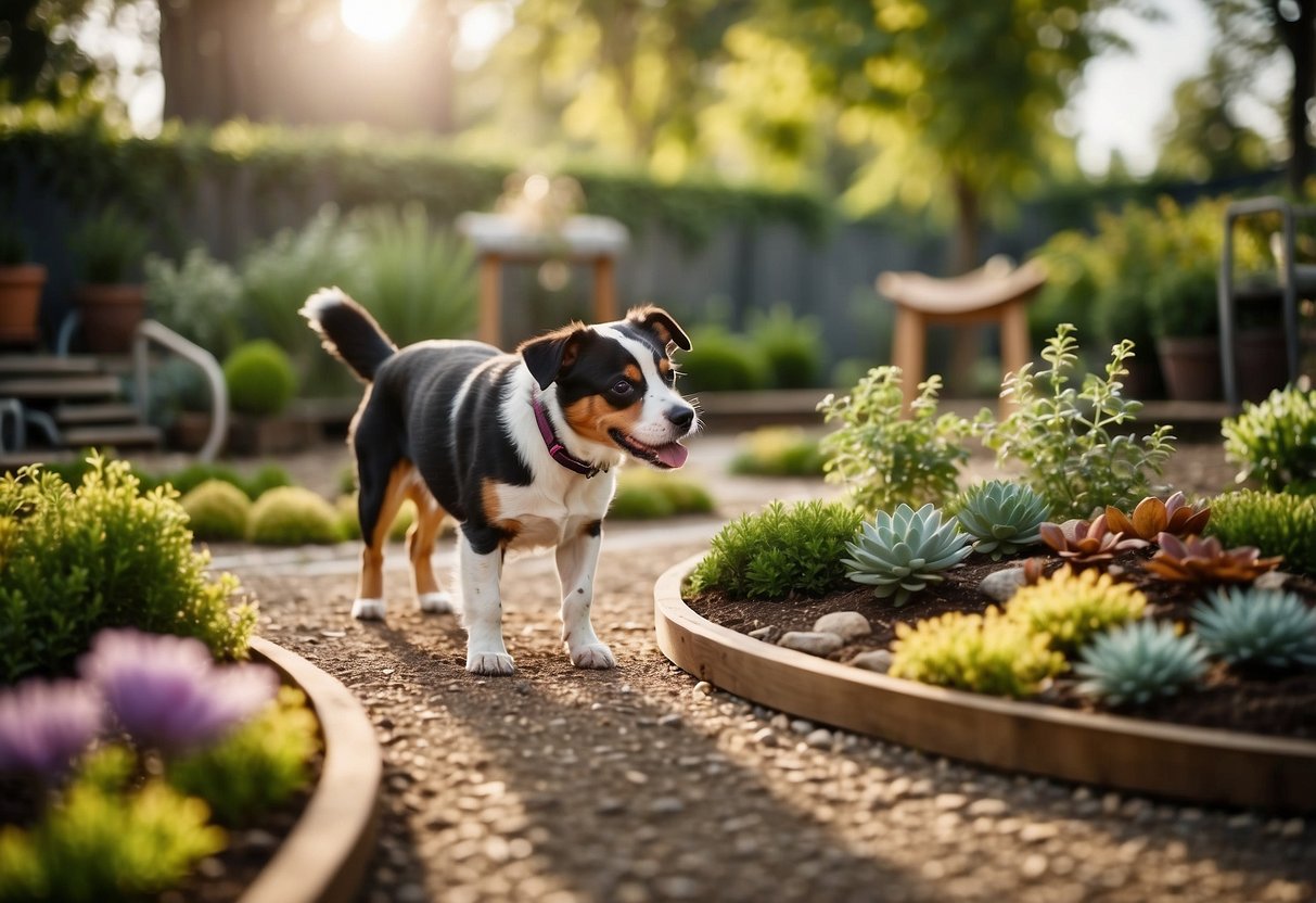 A dog-friendly garden with winding paths, play areas, and water features. Safe, non-toxic plants and materials. Dog toys and agility equipment scattered throughout