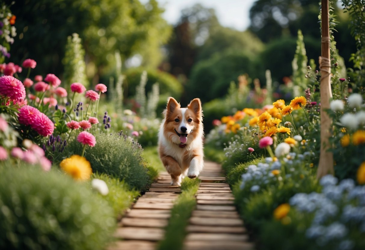 A colorful garden with various obstacles for dogs to jump, weave, and climb. Bright flowers and lush greenery surround the course