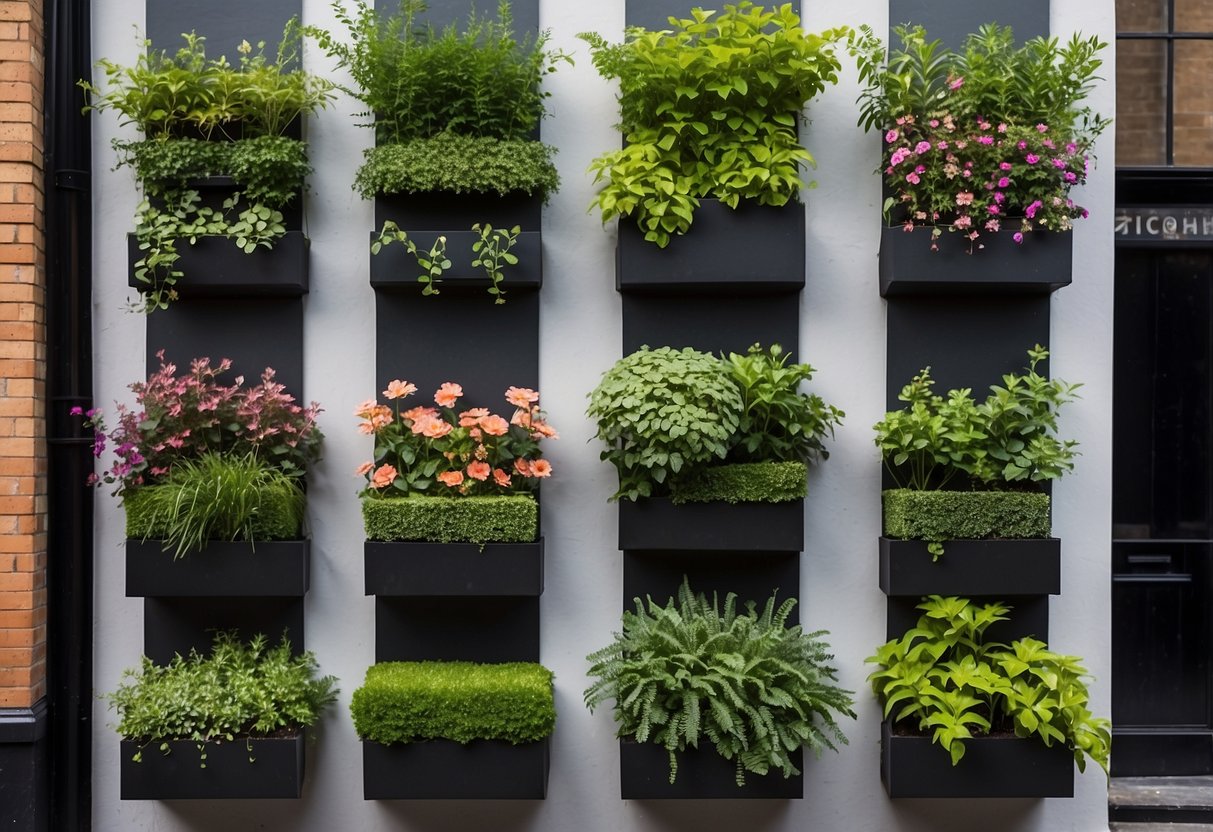 A wall with multiple vertical planters filled with various greenery, creating a small garden in an urban setting in Dublin