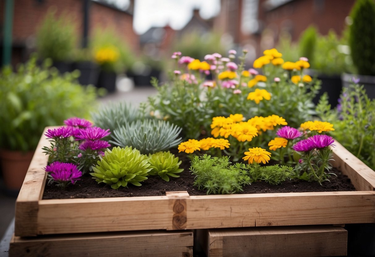 A small pallet garden in Dublin, with colorful flowers and herbs arranged in a creative and space-saving manner