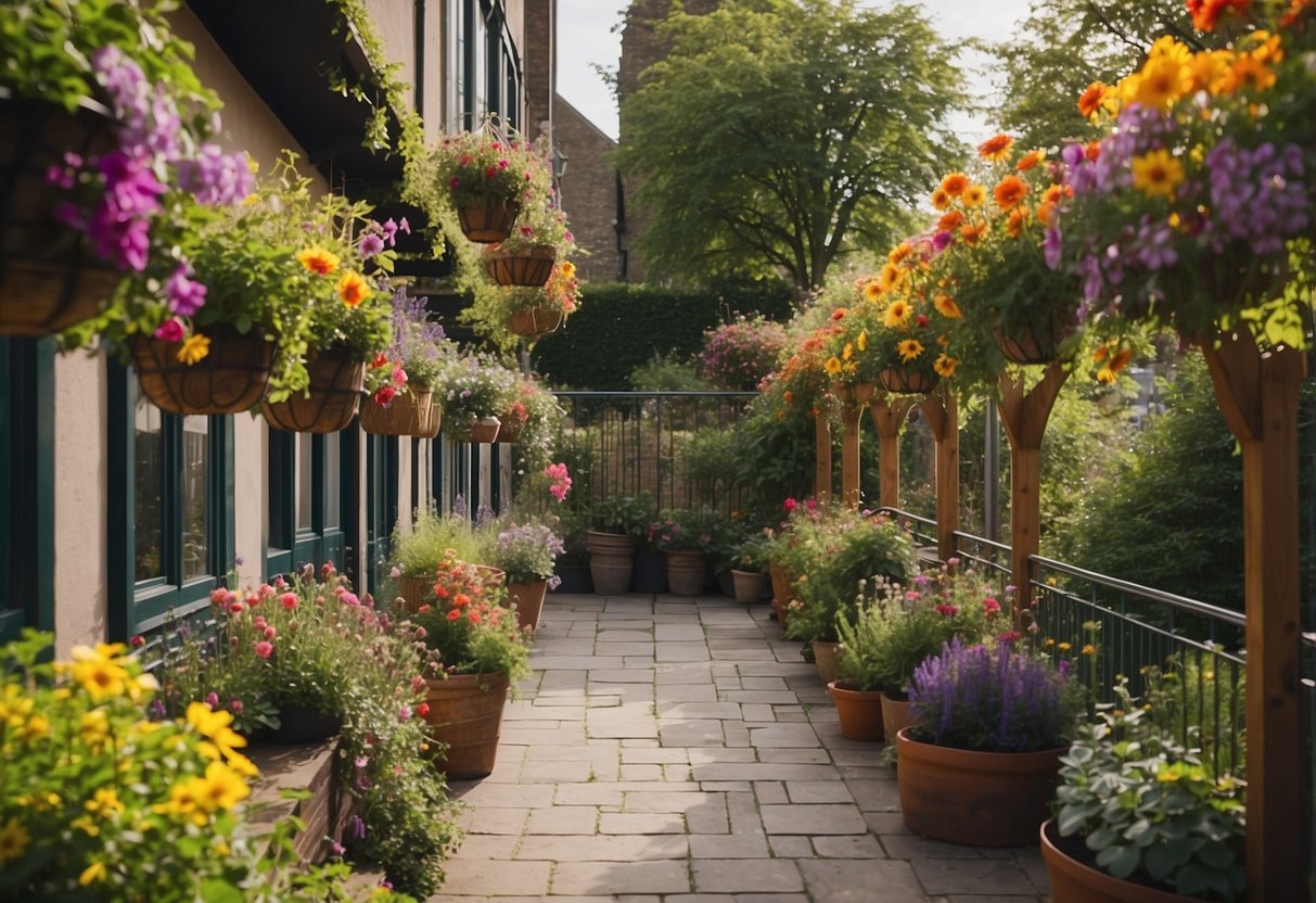 Colorful hanging baskets adorn a cozy Dublin garden, filled with vibrant flowers and lush greenery. The baskets hang from a wooden pergola, creating a charming and inviting outdoor space