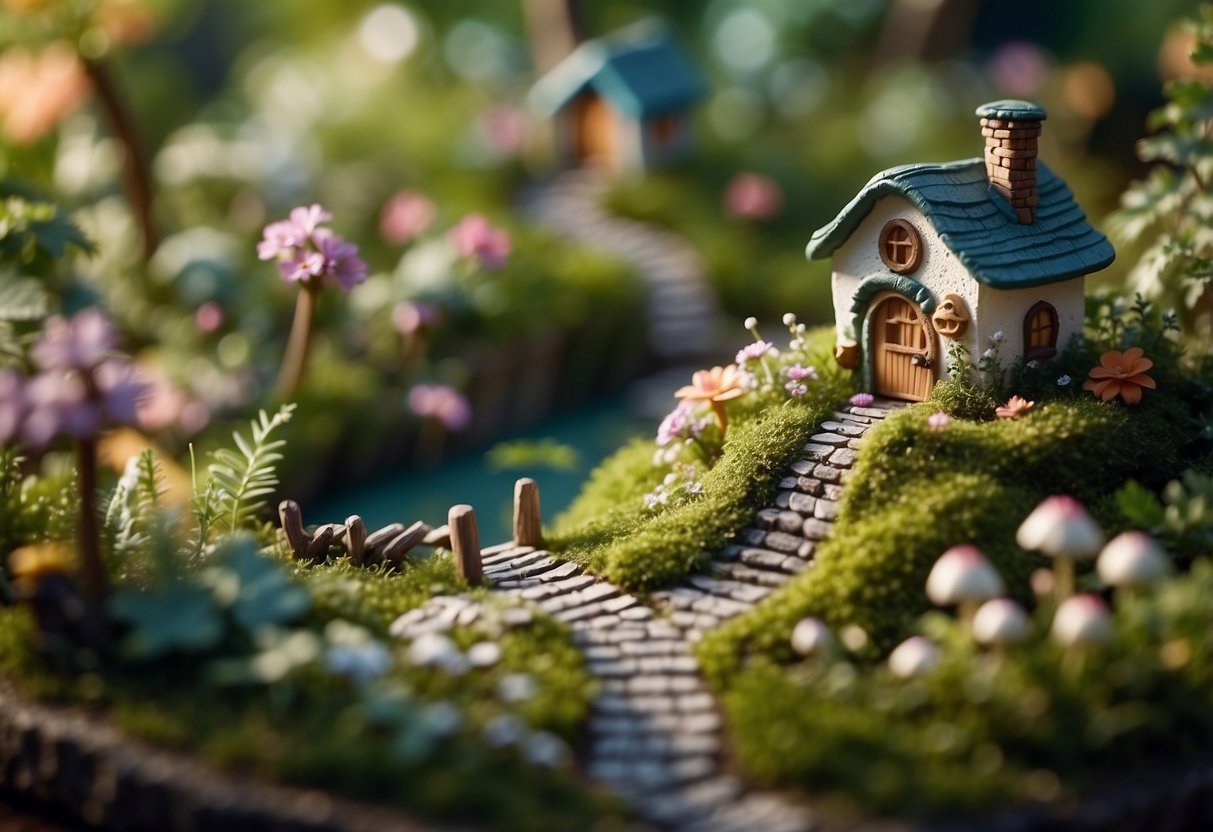 A whimsical fairy garden with tiny flowers, a miniature pond, and a winding path leading to a charming fairy house nestled among the greenery