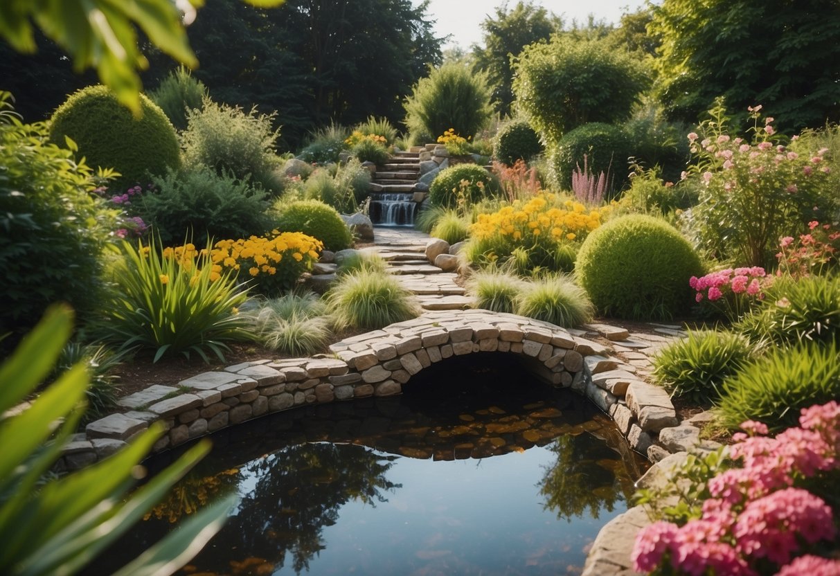 A small garden pond surrounded by lush greenery and colorful flowers, with a stone pathway leading to it