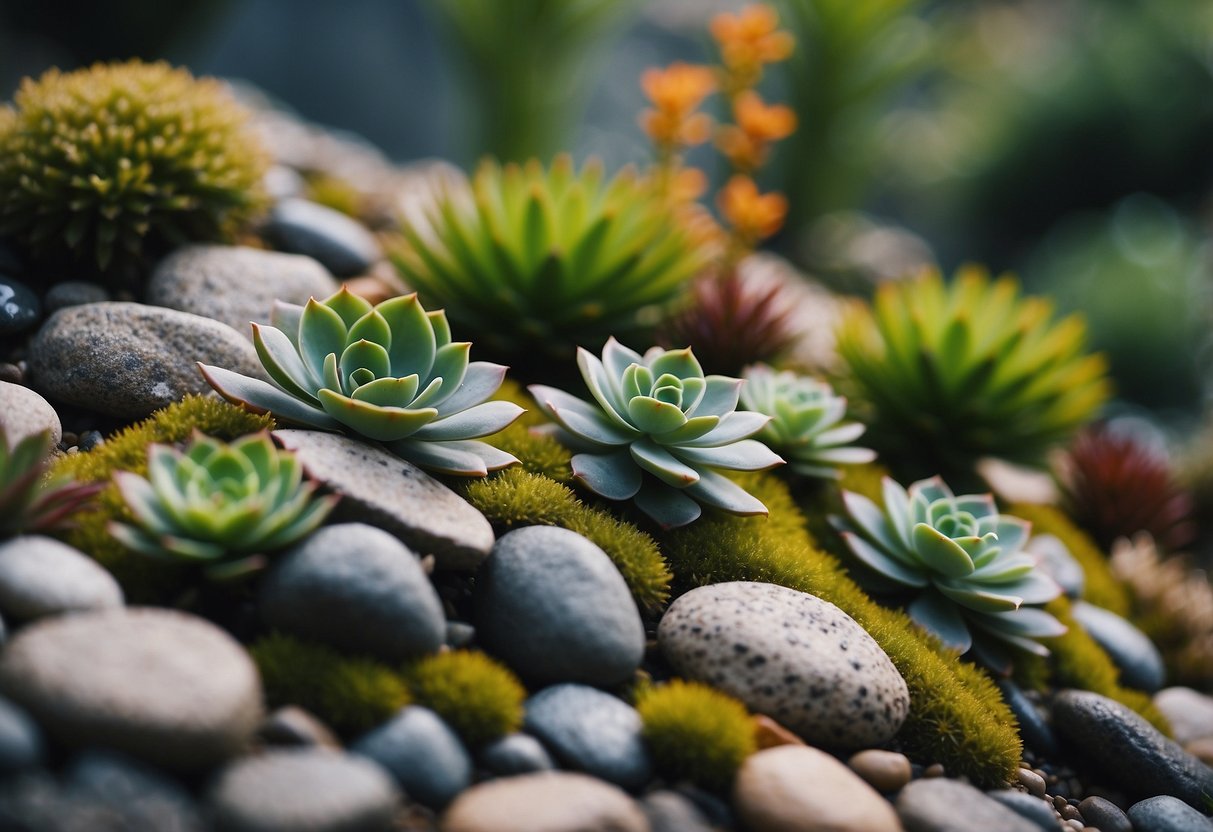 A small rock garden in Dublin with various succulent plants arranged in a visually pleasing manner