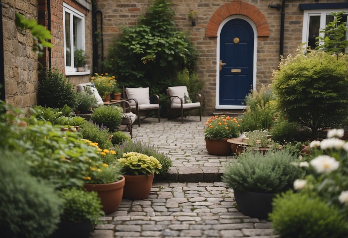 A cozy Dublin backyard with a small garden, featuring raised planters, hanging baskets, and a winding stone path