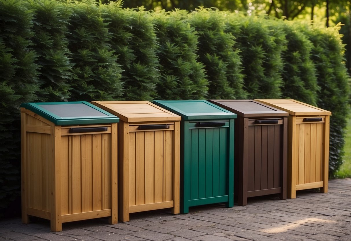 A wooden garbage enclosure with neatly organized bins in a lush garden setting