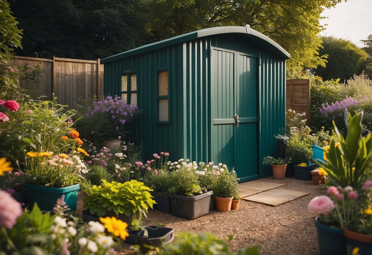 A colorful shed made of recycled plastic sits in a garden, storing dustbins and garden tools. The surrounding area is filled with various plants and flowers, creating a sustainable and eco-friendly atmosphere