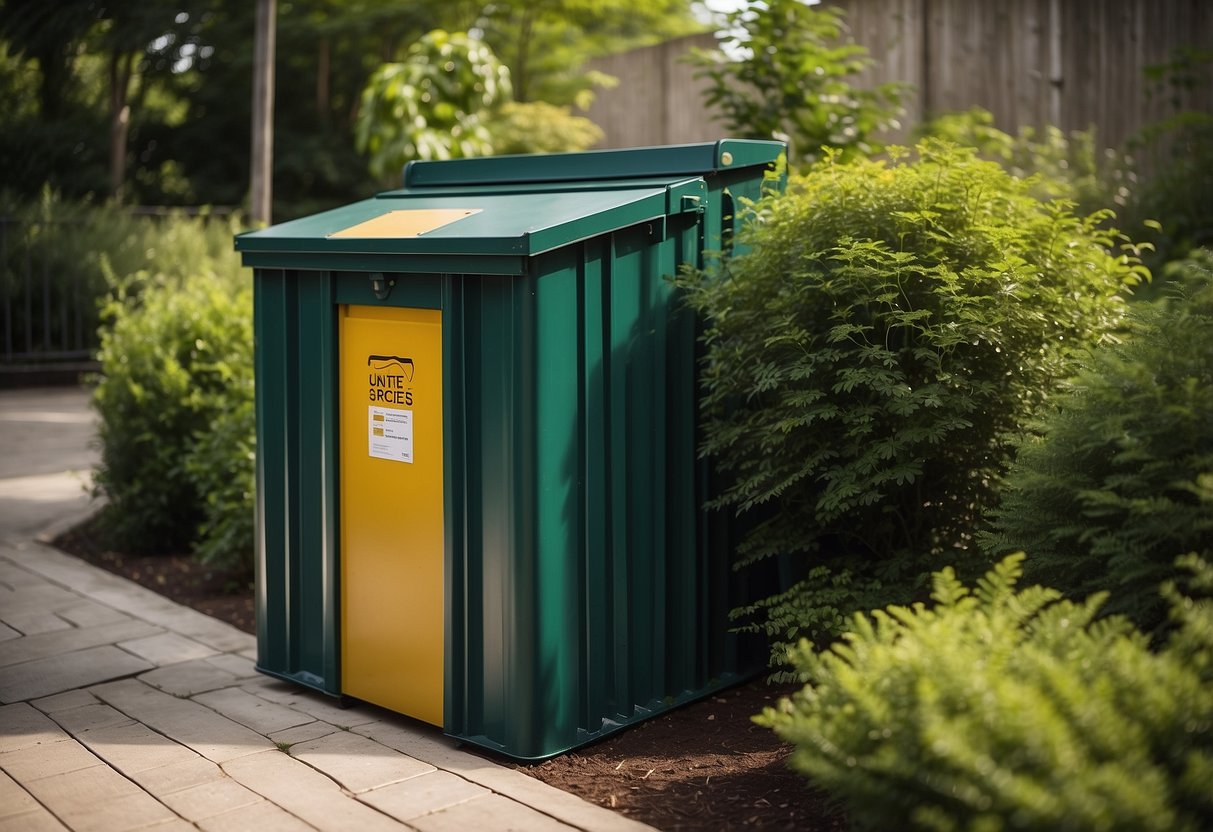 A metal garbage storage unit is nestled among lush garden greenery, providing a practical and discreet solution for keeping outdoor spaces tidy