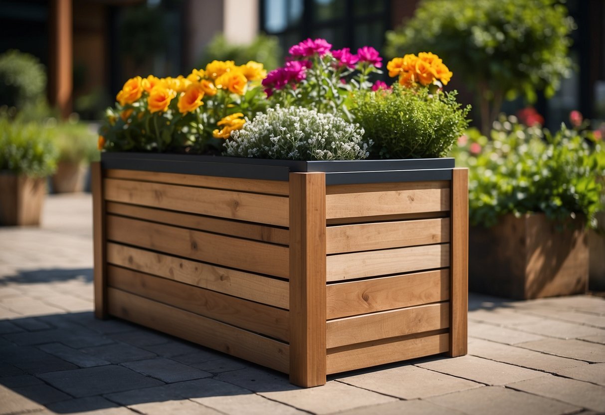 A raised planter box sits in a garden, with a hidden storage compartment for a dustbin underneath. The planter is filled with vibrant flowers and greenery, adding a pop of color to the outdoor space