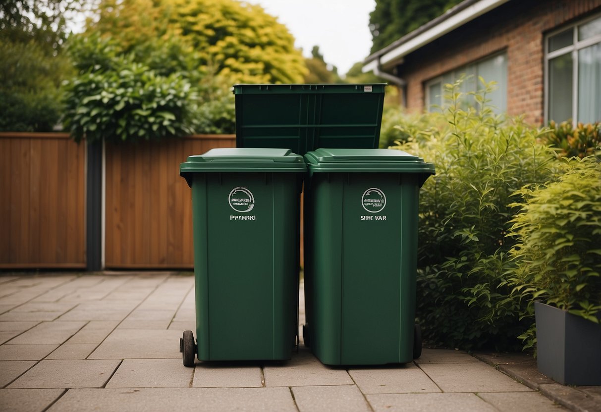 A compact wheelie bin store nestled among lush greenery, neatly concealing unsightly trash bins in a tidy garden setting