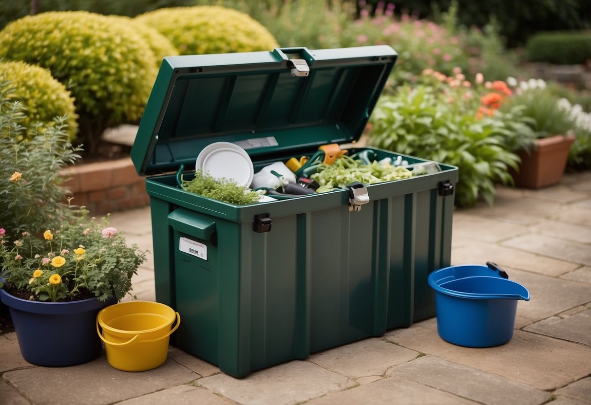 A sturdy lockable storage chest sits in a tidy garden corner, doubling as a dustbin. It is surrounded by neatly arranged gardening tools and supplies