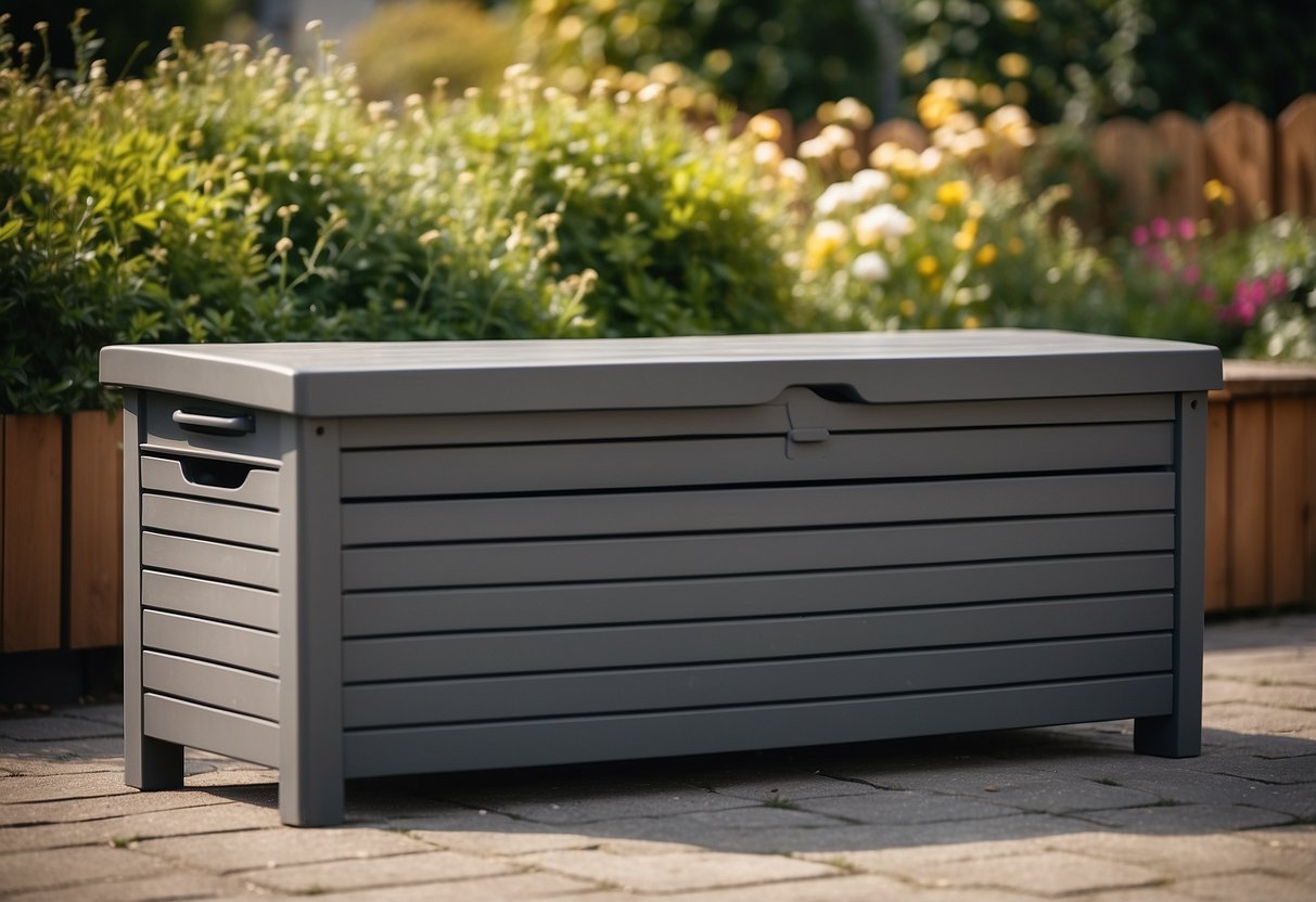 A weather-resistant storage bench sits in a garden, with a built-in dustbin for easy waste disposal