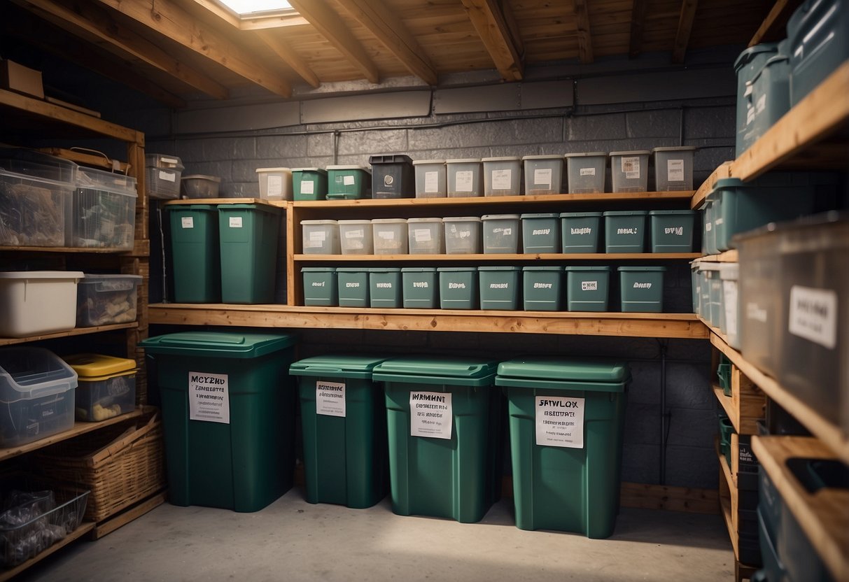 A garden shed with neatly organized shelves for storing various sizes of dustbins. A labeled storage system and easy access to the bins