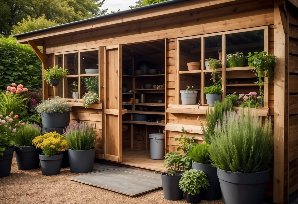 A rustic wooden shed with built-in compartments for organizing different types of waste. Surrounding the shed are lush green plants and flowers, creating a harmonious and aesthetically pleasing garden setting