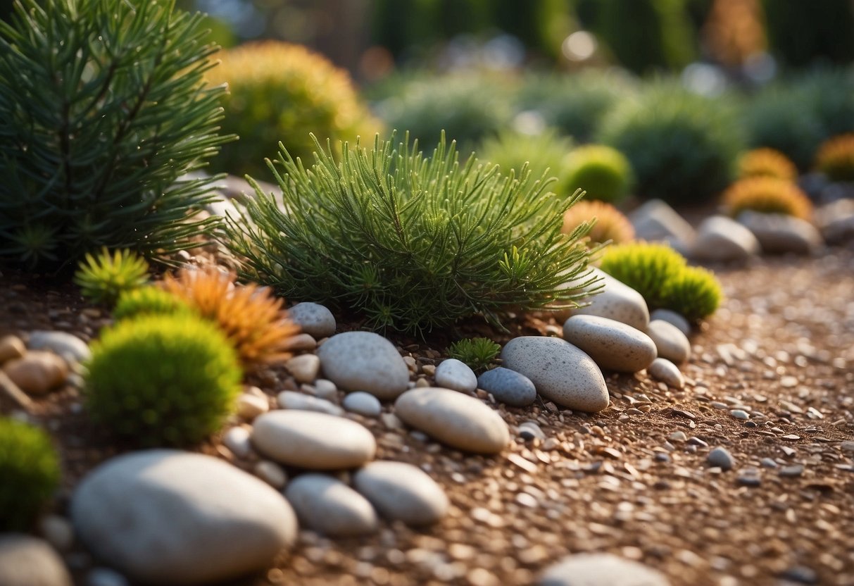 A small garden plot with Pinus mugo 'Mops' conifers arranged in a neat and compact manner, surrounded by colorful ground cover and decorative rocks